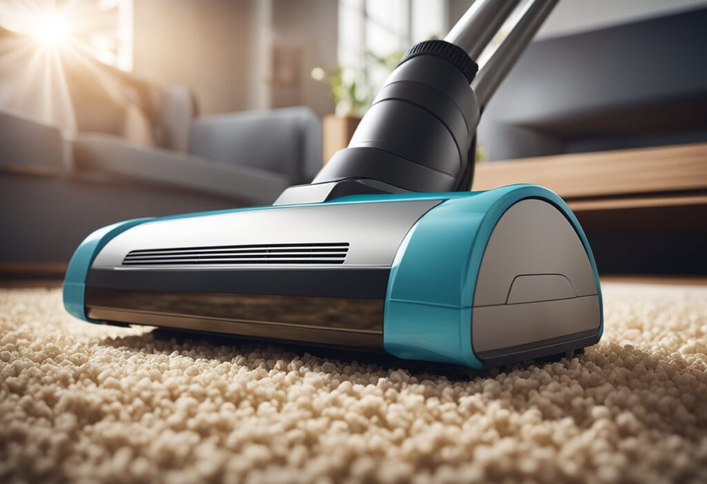 brosse aspirateur sur un tapis blanc.